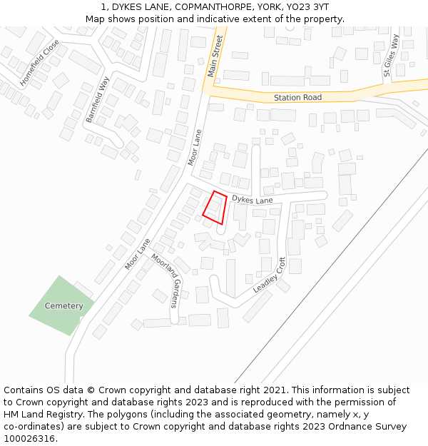 1, DYKES LANE, COPMANTHORPE, YORK, YO23 3YT: Location map and indicative extent of plot