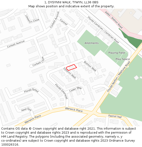 1, DYSYNNI WALK, TYWYN, LL36 0BS: Location map and indicative extent of plot