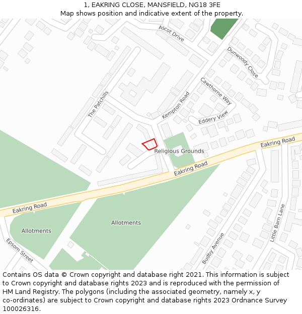 1, EAKRING CLOSE, MANSFIELD, NG18 3FE: Location map and indicative extent of plot