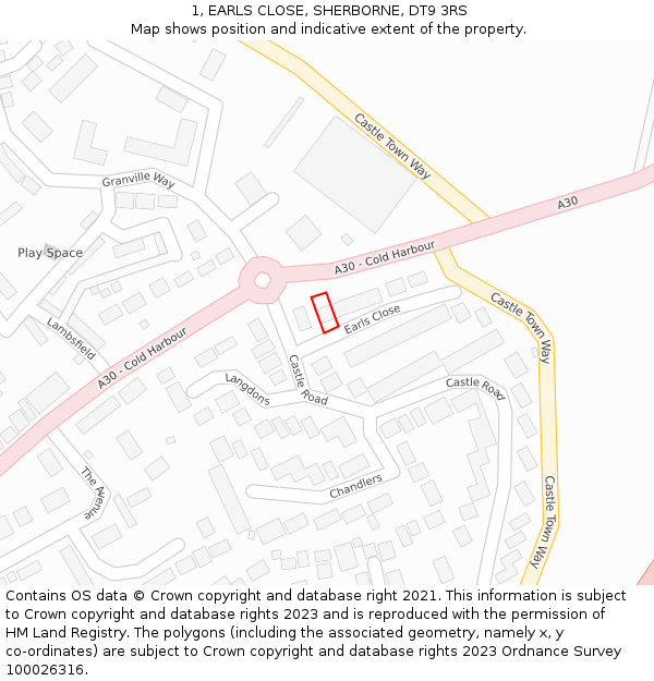 1, EARLS CLOSE, SHERBORNE, DT9 3RS: Location map and indicative extent of plot