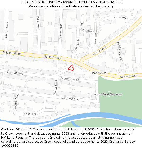 1, EARLS COURT, FISHERY PASSAGE, HEMEL HEMPSTEAD, HP1 1RF: Location map and indicative extent of plot