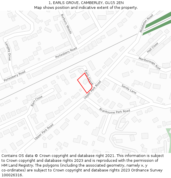 1, EARLS GROVE, CAMBERLEY, GU15 2EN: Location map and indicative extent of plot