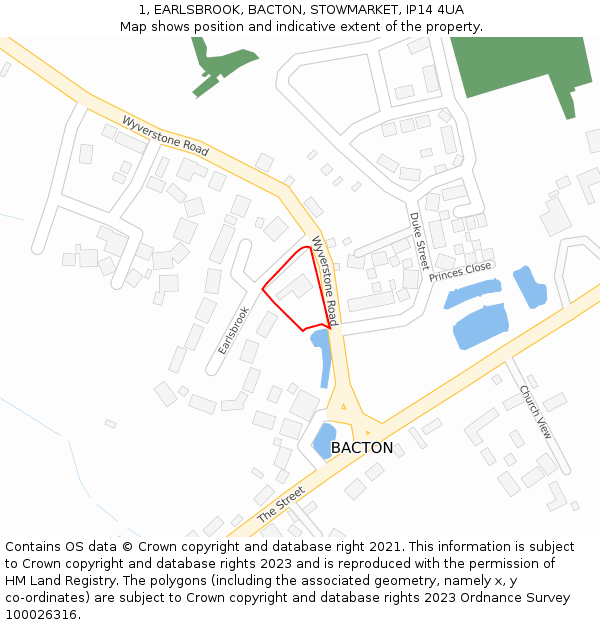 1, EARLSBROOK, BACTON, STOWMARKET, IP14 4UA: Location map and indicative extent of plot