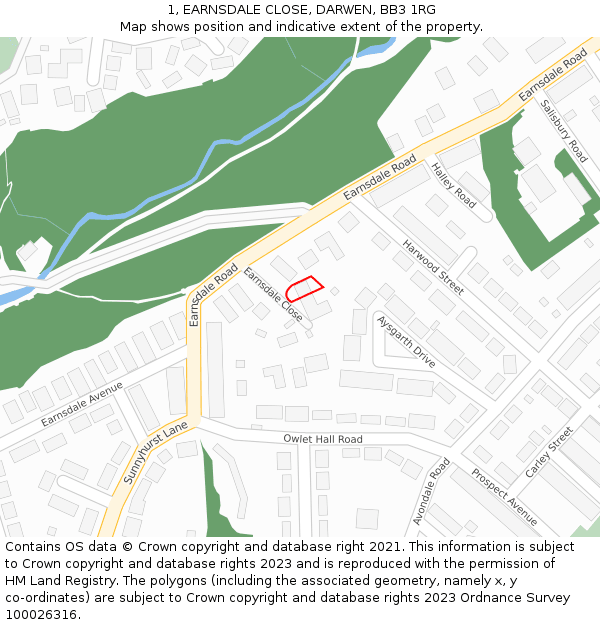 1, EARNSDALE CLOSE, DARWEN, BB3 1RG: Location map and indicative extent of plot