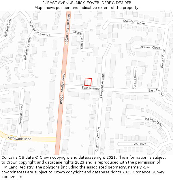 1, EAST AVENUE, MICKLEOVER, DERBY, DE3 9FR: Location map and indicative extent of plot