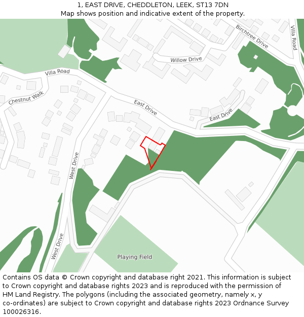 1, EAST DRIVE, CHEDDLETON, LEEK, ST13 7DN: Location map and indicative extent of plot