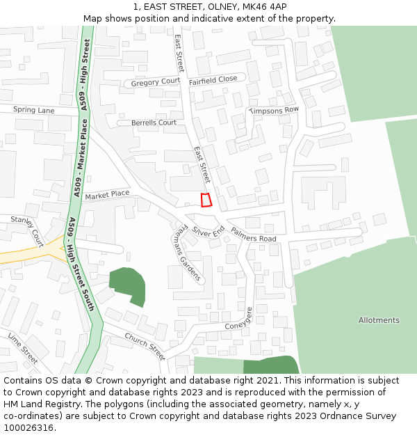 1, EAST STREET, OLNEY, MK46 4AP: Location map and indicative extent of plot