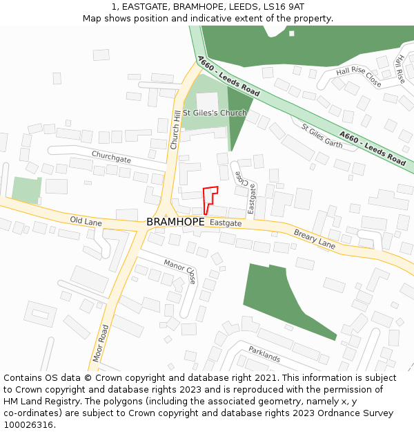 1, EASTGATE, BRAMHOPE, LEEDS, LS16 9AT: Location map and indicative extent of plot