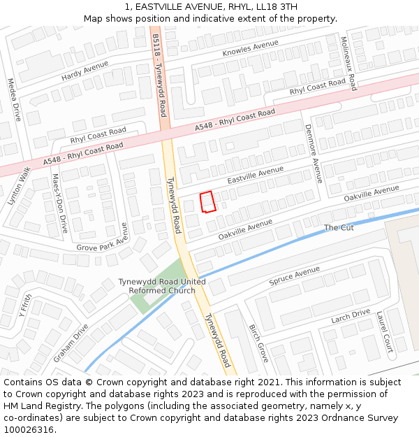 1, EASTVILLE AVENUE, RHYL, LL18 3TH: Location map and indicative extent of plot