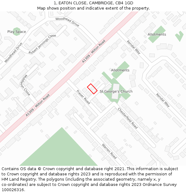 1, EATON CLOSE, CAMBRIDGE, CB4 1GD: Location map and indicative extent of plot