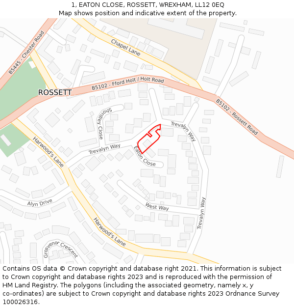 1, EATON CLOSE, ROSSETT, WREXHAM, LL12 0EQ: Location map and indicative extent of plot