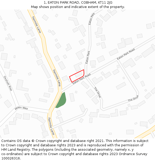 1, EATON PARK ROAD, COBHAM, KT11 2JG: Location map and indicative extent of plot