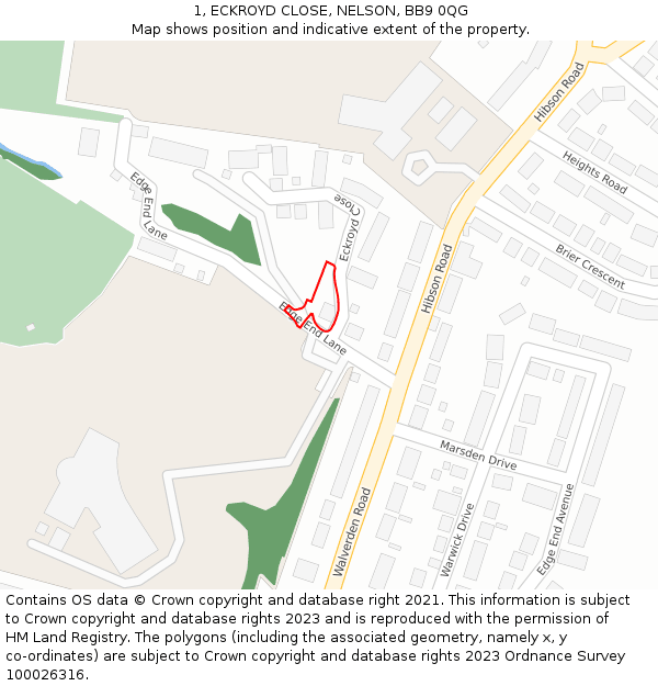 1, ECKROYD CLOSE, NELSON, BB9 0QG: Location map and indicative extent of plot