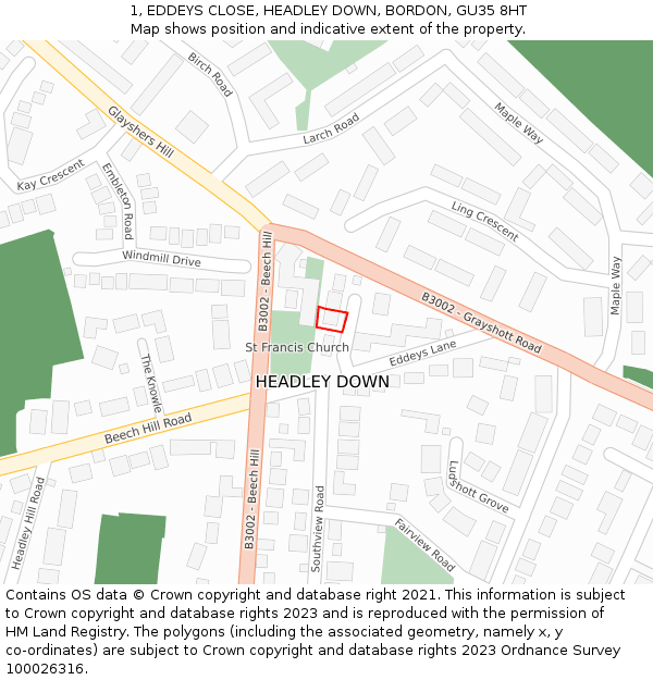 1, EDDEYS CLOSE, HEADLEY DOWN, BORDON, GU35 8HT: Location map and indicative extent of plot