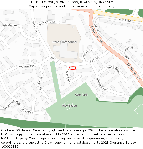 1, EDEN CLOSE, STONE CROSS, PEVENSEY, BN24 5EX: Location map and indicative extent of plot