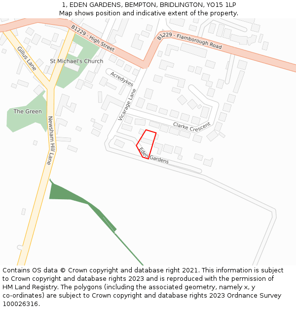 1, EDEN GARDENS, BEMPTON, BRIDLINGTON, YO15 1LP: Location map and indicative extent of plot