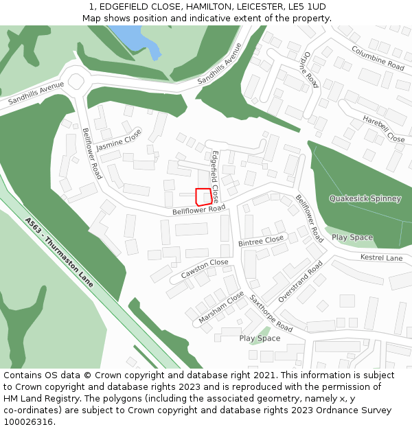 1, EDGEFIELD CLOSE, HAMILTON, LEICESTER, LE5 1UD: Location map and indicative extent of plot