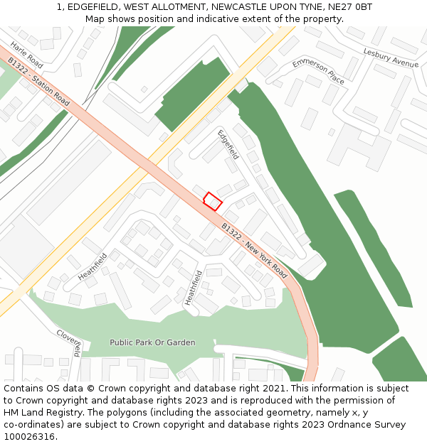 1, EDGEFIELD, WEST ALLOTMENT, NEWCASTLE UPON TYNE, NE27 0BT: Location map and indicative extent of plot