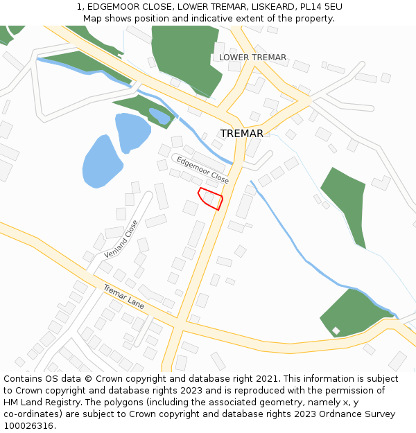 1, EDGEMOOR CLOSE, LOWER TREMAR, LISKEARD, PL14 5EU: Location map and indicative extent of plot