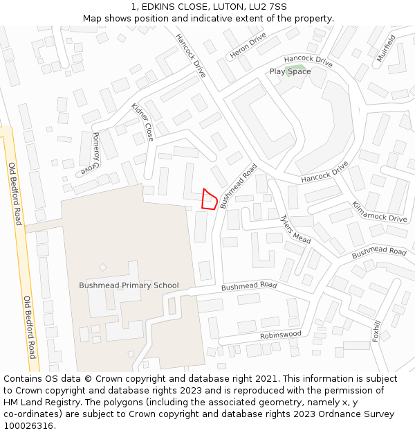 1, EDKINS CLOSE, LUTON, LU2 7SS: Location map and indicative extent of plot