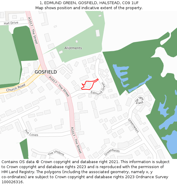 1, EDMUND GREEN, GOSFIELD, HALSTEAD, CO9 1UF: Location map and indicative extent of plot