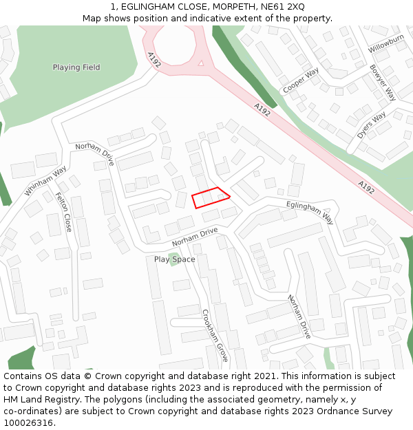 1, EGLINGHAM CLOSE, MORPETH, NE61 2XQ: Location map and indicative extent of plot