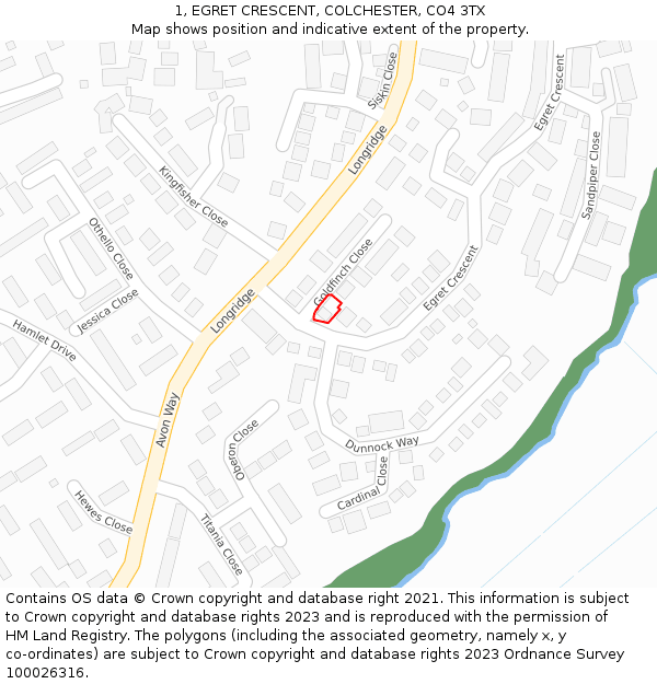 1, EGRET CRESCENT, COLCHESTER, CO4 3TX: Location map and indicative extent of plot