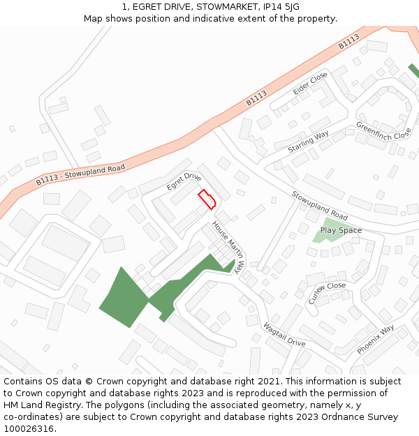 1, EGRET DRIVE, STOWMARKET, IP14 5JG: Location map and indicative extent of plot