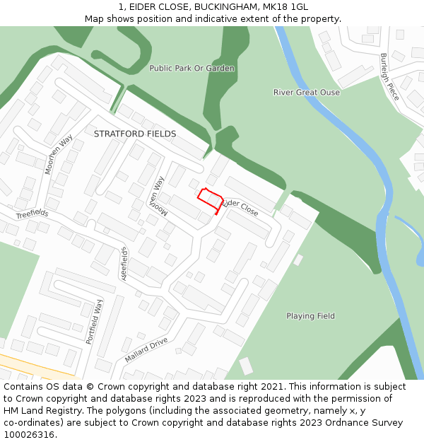 1, EIDER CLOSE, BUCKINGHAM, MK18 1GL: Location map and indicative extent of plot