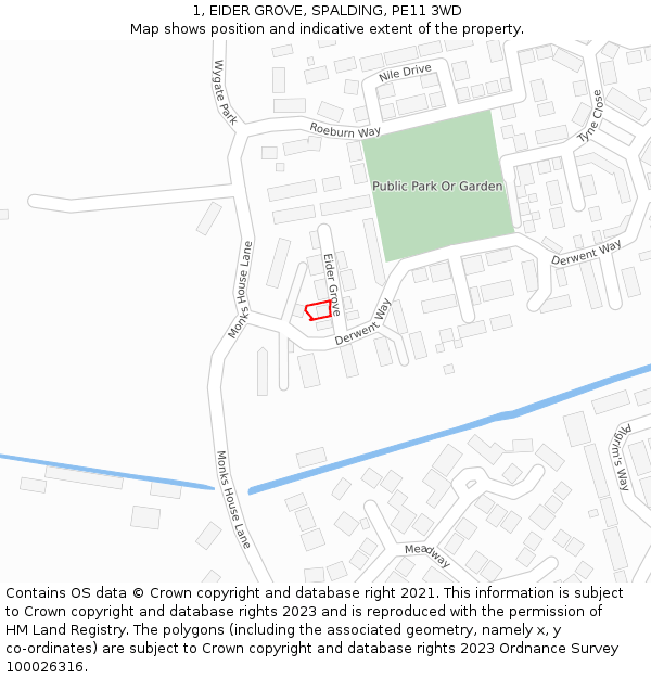 1, EIDER GROVE, SPALDING, PE11 3WD: Location map and indicative extent of plot