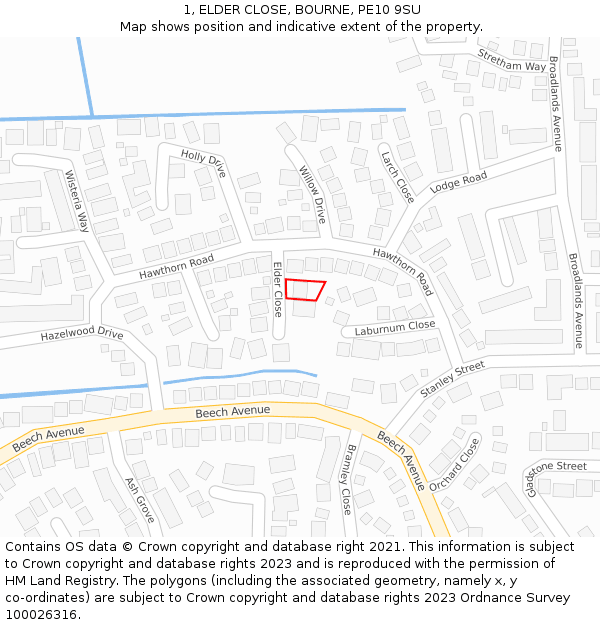 1, ELDER CLOSE, BOURNE, PE10 9SU: Location map and indicative extent of plot