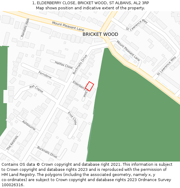 1, ELDERBERRY CLOSE, BRICKET WOOD, ST ALBANS, AL2 3RP: Location map and indicative extent of plot