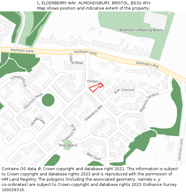 1, ELDERBERRY WAY, ALMONDSBURY, BRISTOL, BS32 4FH: Location map and indicative extent of plot