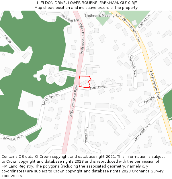 1, ELDON DRIVE, LOWER BOURNE, FARNHAM, GU10 3JE: Location map and indicative extent of plot