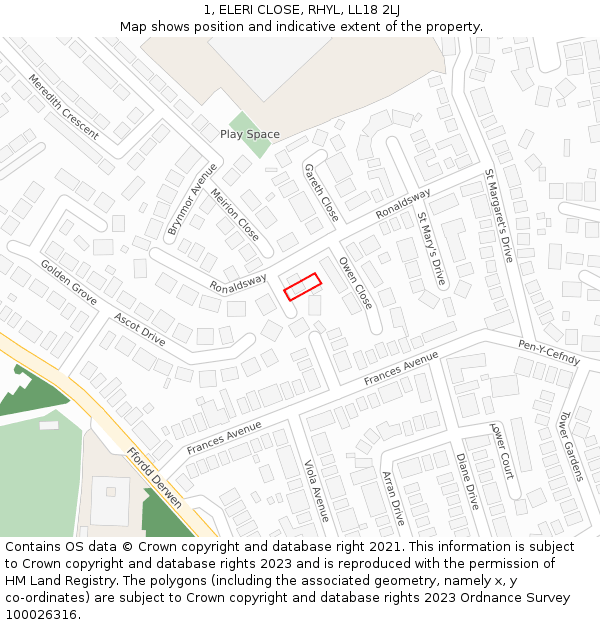 1, ELERI CLOSE, RHYL, LL18 2LJ: Location map and indicative extent of plot