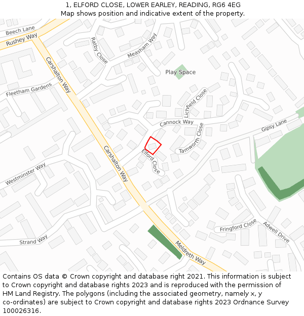 1, ELFORD CLOSE, LOWER EARLEY, READING, RG6 4EG: Location map and indicative extent of plot
