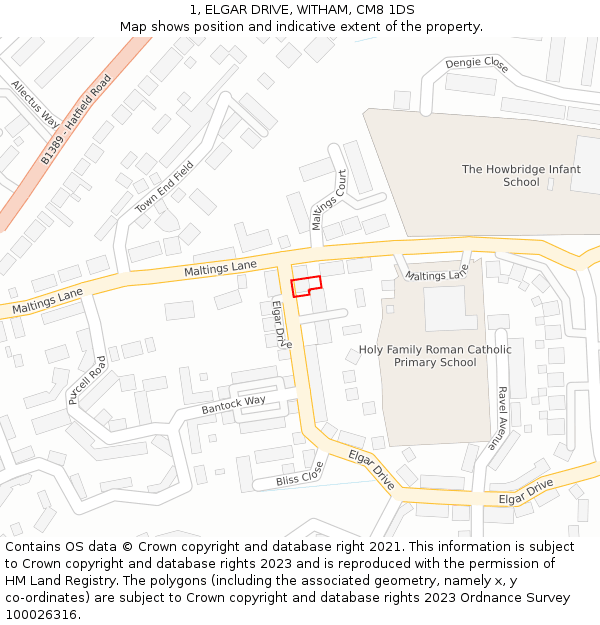 1, ELGAR DRIVE, WITHAM, CM8 1DS: Location map and indicative extent of plot