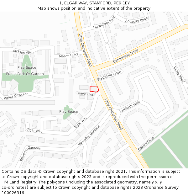 1, ELGAR WAY, STAMFORD, PE9 1EY: Location map and indicative extent of plot