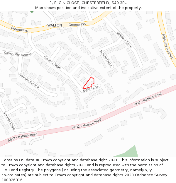 1, ELGIN CLOSE, CHESTERFIELD, S40 3PU: Location map and indicative extent of plot