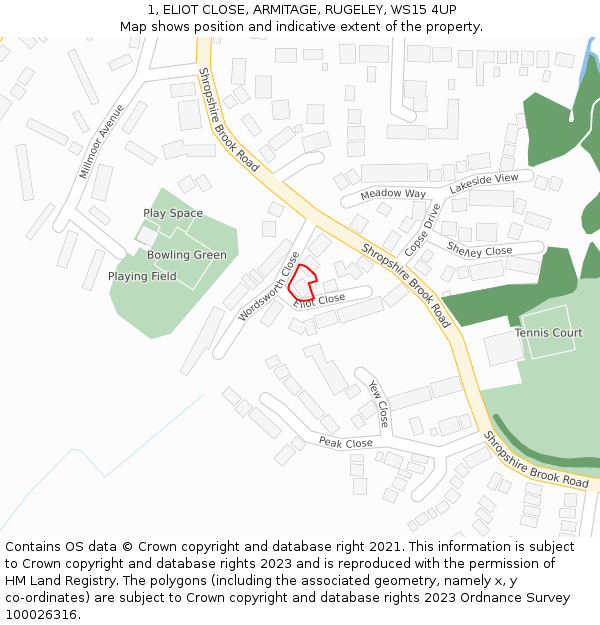 1, ELIOT CLOSE, ARMITAGE, RUGELEY, WS15 4UP: Location map and indicative extent of plot