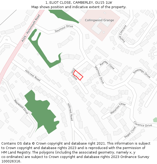 1, ELIOT CLOSE, CAMBERLEY, GU15 1LW: Location map and indicative extent of plot