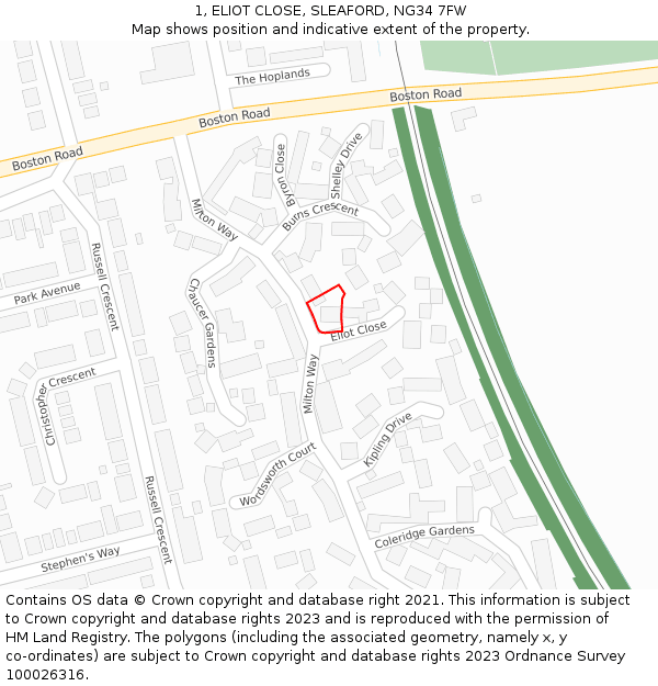 1, ELIOT CLOSE, SLEAFORD, NG34 7FW: Location map and indicative extent of plot