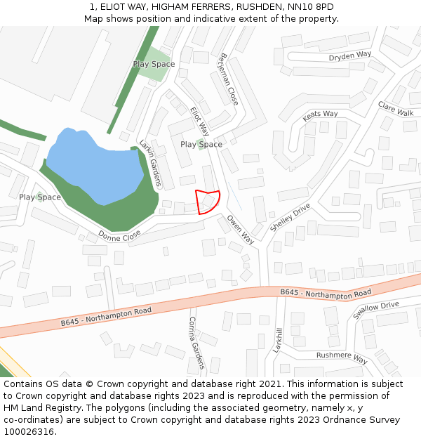 1, ELIOT WAY, HIGHAM FERRERS, RUSHDEN, NN10 8PD: Location map and indicative extent of plot