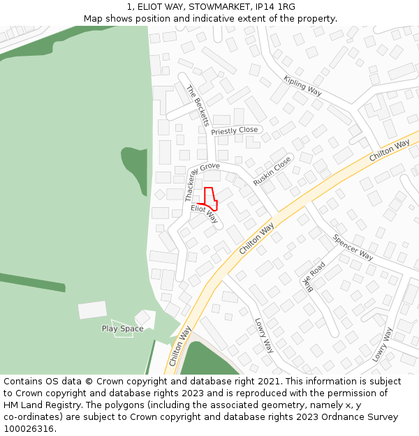 1, ELIOT WAY, STOWMARKET, IP14 1RG: Location map and indicative extent of plot