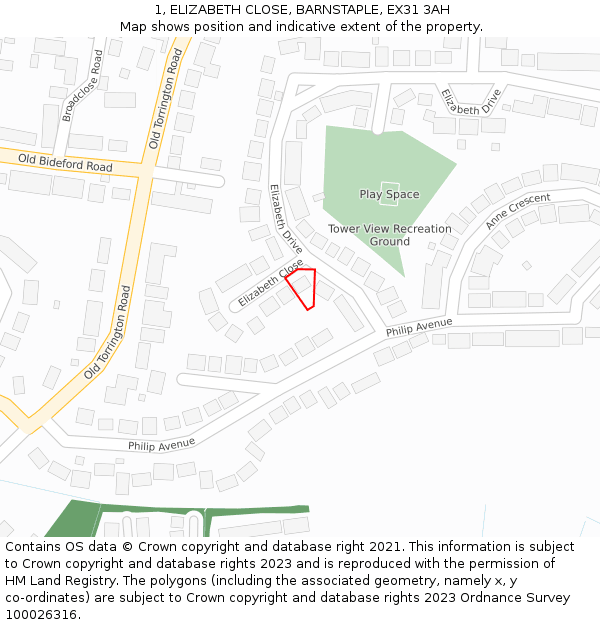 1, ELIZABETH CLOSE, BARNSTAPLE, EX31 3AH: Location map and indicative extent of plot