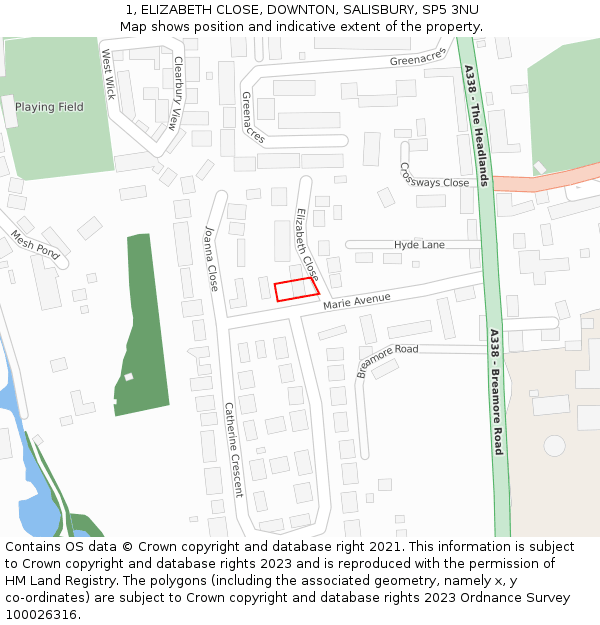 1, ELIZABETH CLOSE, DOWNTON, SALISBURY, SP5 3NU: Location map and indicative extent of plot