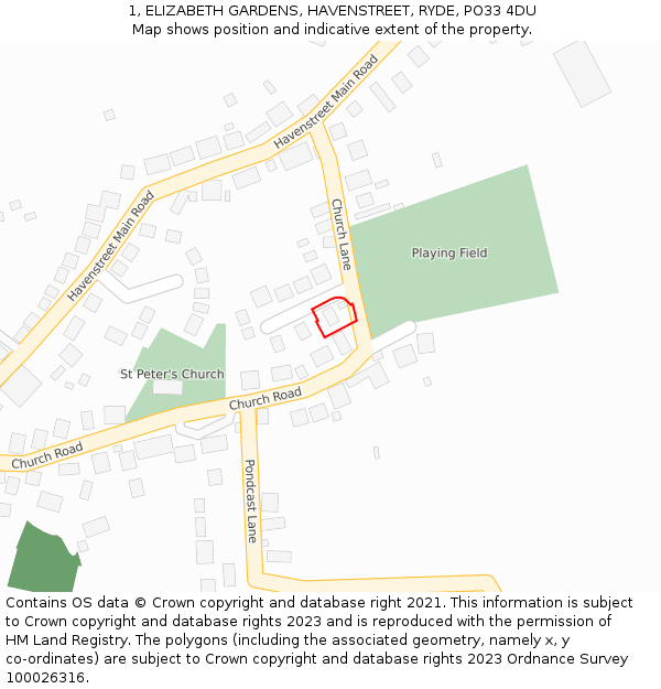 1, ELIZABETH GARDENS, HAVENSTREET, RYDE, PO33 4DU: Location map and indicative extent of plot