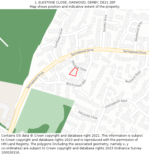 1, ELKSTONE CLOSE, OAKWOOD, DERBY, DE21 2EP: Location map and indicative extent of plot