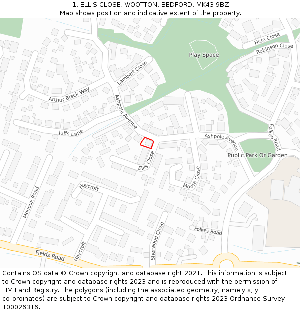 1, ELLIS CLOSE, WOOTTON, BEDFORD, MK43 9BZ: Location map and indicative extent of plot