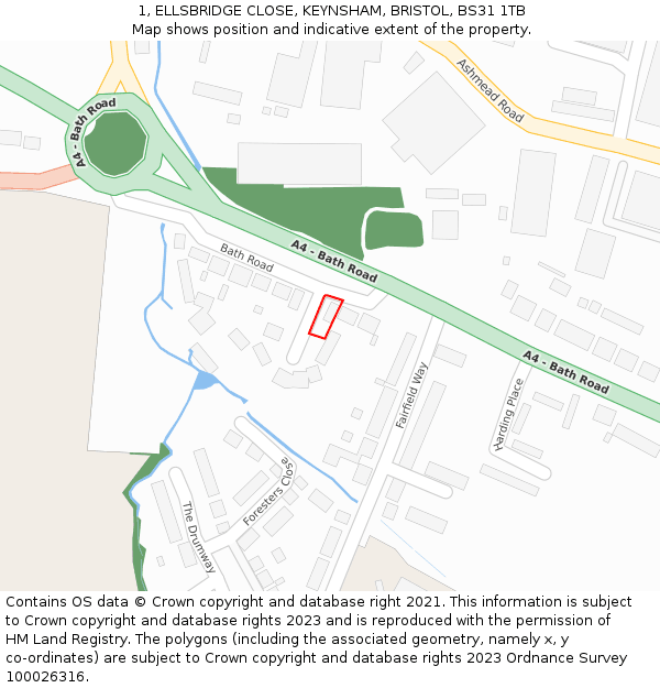 1, ELLSBRIDGE CLOSE, KEYNSHAM, BRISTOL, BS31 1TB: Location map and indicative extent of plot